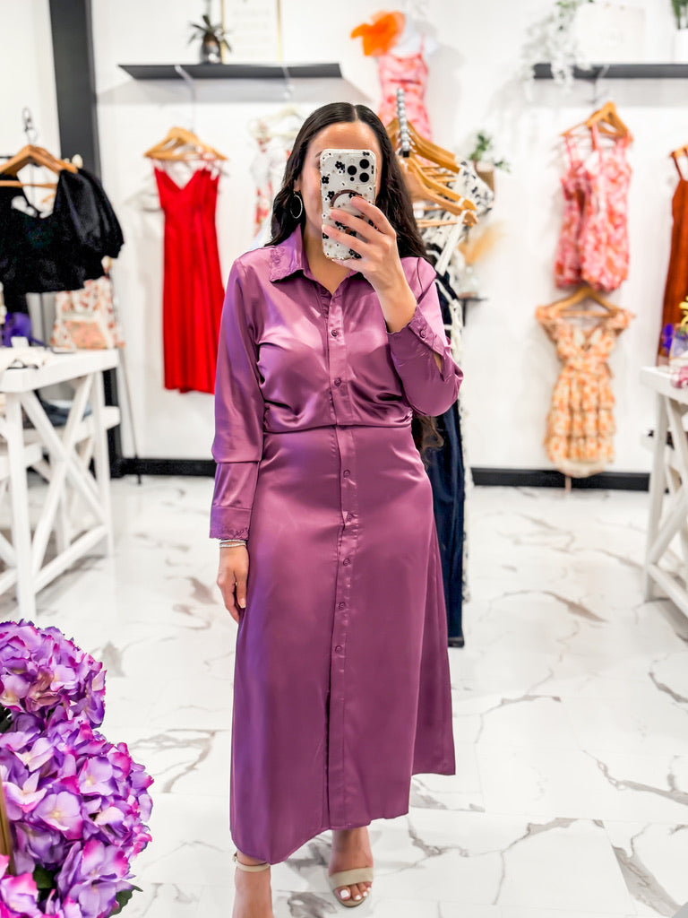 Sylvie Satin Button Down Dress (Plum) Sylvie Satin Button Down Dress (Plum)