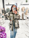 Collard Neckline Olive Geometric Print Shacket