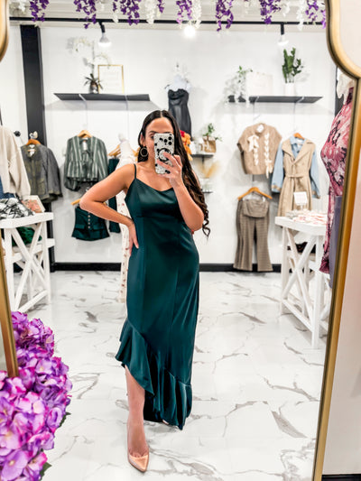 Guest Book Ruffle Slit Dress (Hunter Green)