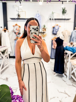 Off White Linen Halter Top with Black Piping 