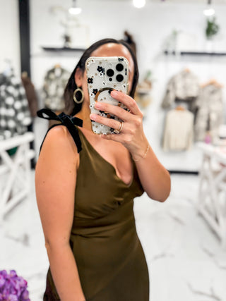 Bella V Boutique Bronze Satin Midi Dress With Black Suede Bow Straps 