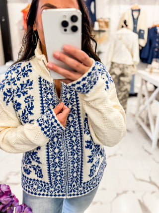 Blue and Cream Embroidery Cardigan Sweater 