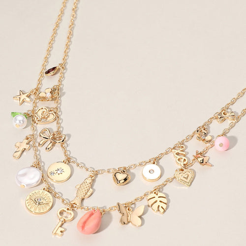 Sandy Layered Charm Necklace (Pink)