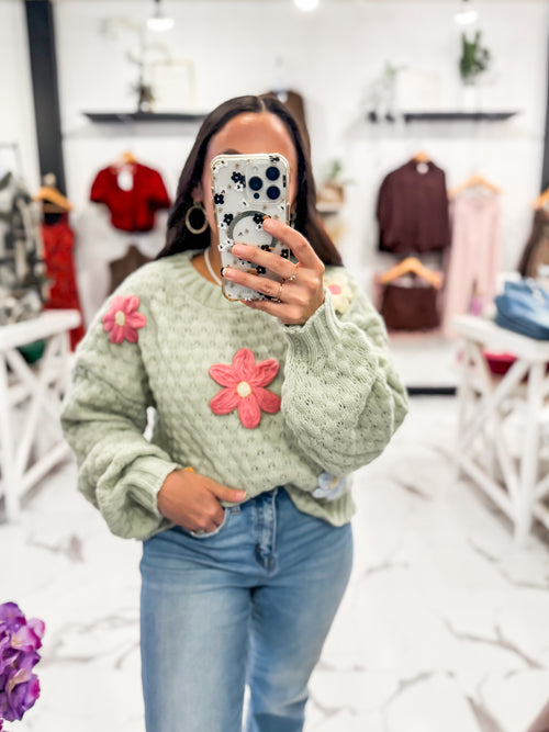 Estella Embroidery Flower Sweater (Sage)