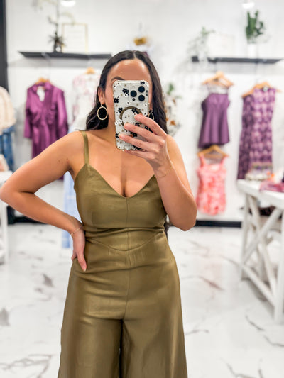 Guest Of Honor Sheen Jumpsuit (Metallic Olive)