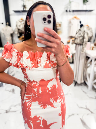 Flirt Factor Ruffle Printed Dress (Coral)