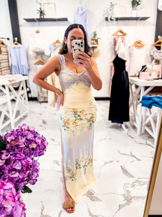 Garden Party Lace Floral Dress in Light Blue Yellow