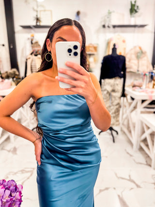 Strapless Side Ruching Ice Blue Dress