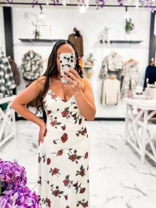 Rose Print Cream Holiday Cocktail Dress 