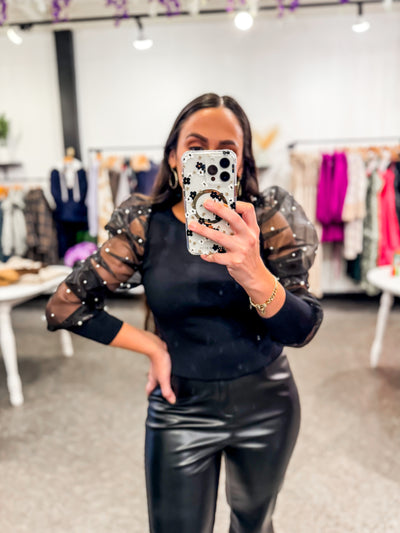 Bella V Boutique Pearl Mesh Sleeves Blouse in Black