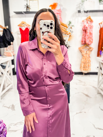 Sylvie Satin Button Down Dress (Plum)