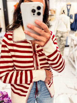 Red and Cream Stripe Tie Front Cardigan 