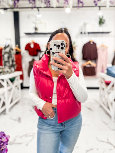 Gilded Faux Leather Puffer Vest (Fuchsia)