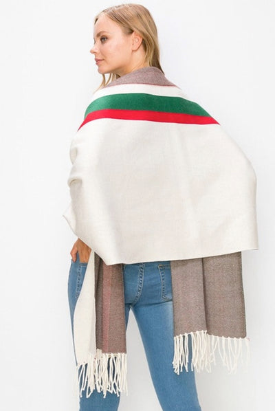 Antonio Striped Fringe Knit Poncho (Natural)
