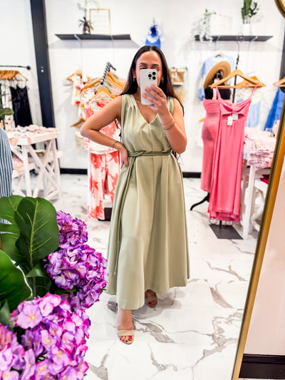Belted Sage Green Pleated Summer Dress