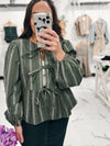 Bella V Boutique Corduroy Stripe Printed Balloon Sleeve Blouse in Forest Green