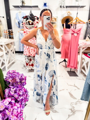 White Maxi Blue Seashell Print Maxi Dress