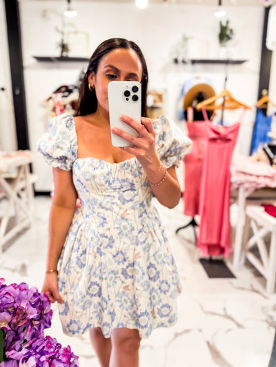 Floral Drop Waist Puff Sleeves Mini Dress