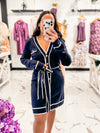 Bella V Boutique Navy Coin Button White Color Contrast Sweater Dress