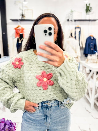 Estella Embroidery Flower Sweater (Sage)