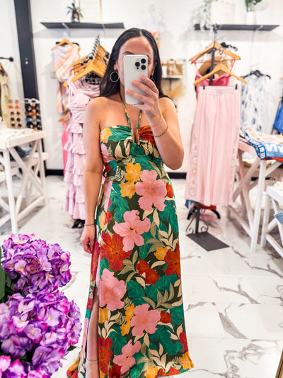 Green Floral Side Slit Halter Maxi Dress