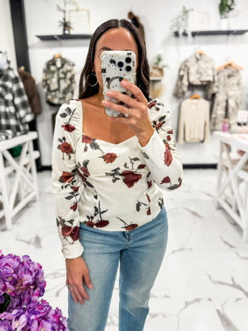 Rose Print Cream Suede Blouse from Lucy Paris