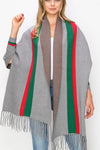 Antonio Striped Fringe Knit Poncho (Grey)