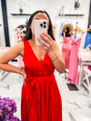Frnch Red Satin Belted Dress