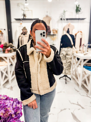 Black Pipping Sherpa Jacket