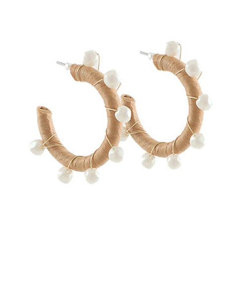 Ella Pearl Raffia Hoop Earrings (Dark Beige)