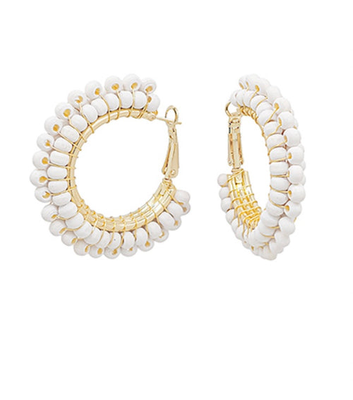 Mila Wood Beaded Earrings (White)