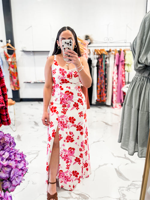 Bella V Boutique Red and Pink Floral Maxi Dress with a Side Slit