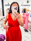 V Neckline, Sleeveless, Belt Red Dress