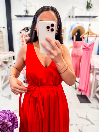 V Neckline, Sleeveless, Belt Red Dress