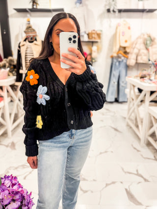 Floral Stitch Black Cardigan 
