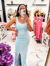 Blue Ribbed Sleeveless Side Slit Maxi Dress