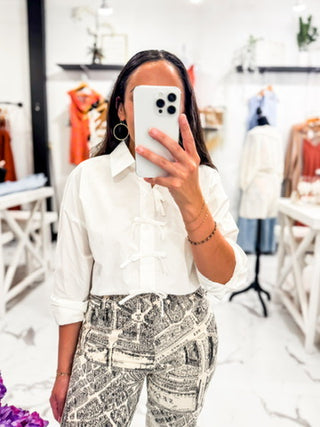 Bow Detail White Long Sleeves Button Down 