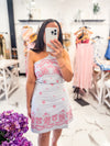 Blue dress with pink embriodery floral details