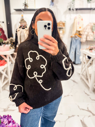 Embroidery Chocolate Mock neck Pullover Sweater 