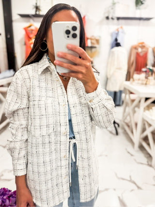 White and Black Tweed Shacket for Fall 