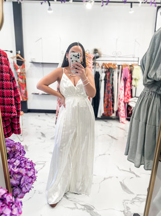 Bella V Boutique Pearl White Pleated Wide Leg Jumpsuit 