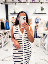 How to accessories a white and nay stripe dress