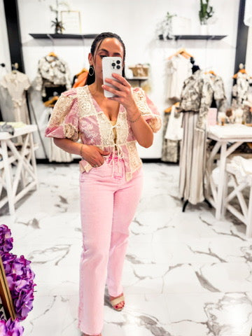 Pink Stretchy Cropped Wide Leg Jeans