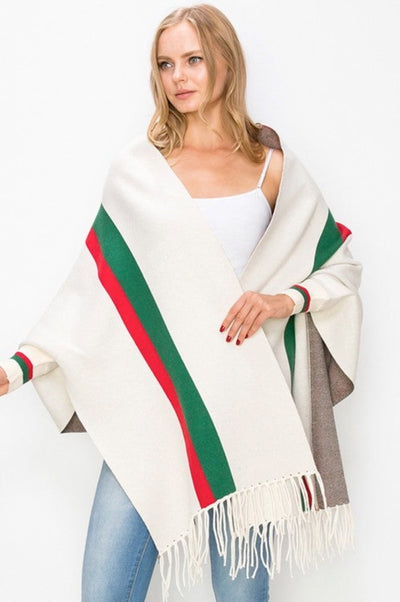Antonio Striped Fringe Knit Poncho (Natural)