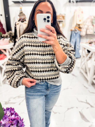 Printed Brown and Blue Grey Pullover Mock Neck Sweater 