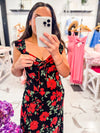 Rose Print Flutter Sleeves Black Dress