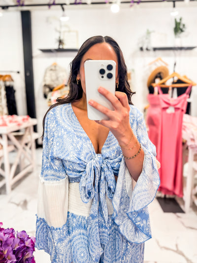 Paisley Print Front Tie Blue and White Top