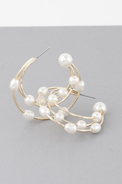 Triple Pearl Hoop Earrings (Gold)