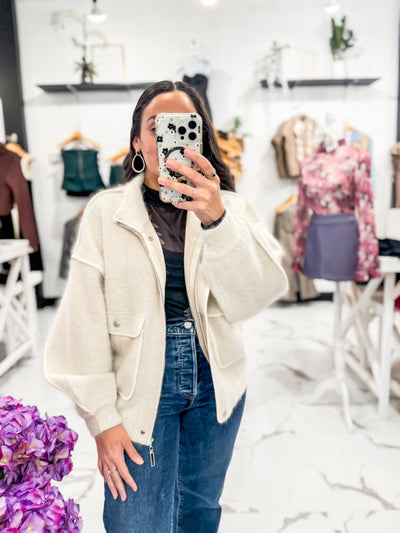 Fur Sweater Bomber Jacket in Cream