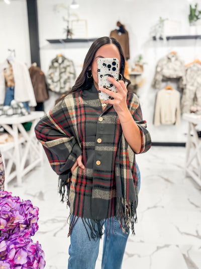 Red and Grey Plaid Print Front Buttons Shawl